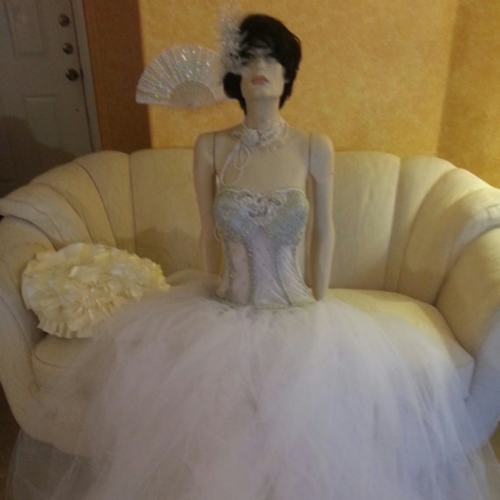 Sheer Jeweled White Silver Corset Wedding Ballgown - Picture 3 of 8